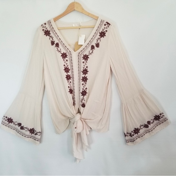 Blu Pepper Boho Embroidered Blouse Small Tie Waist Bell Sleeves NWOT Cream Beige - Picture 1 of 7
